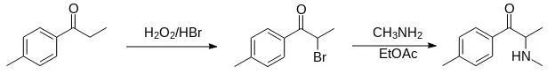 Synthesis of mephedrone Reaction scheme.webp