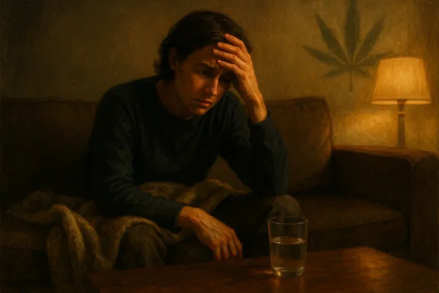 Человек, испытывающий сильное воздействие каннабиса, пытается успокоиться дома