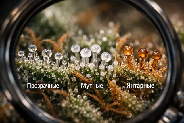 Стадии зрелости трихомов на шишке каннабиса под лупой