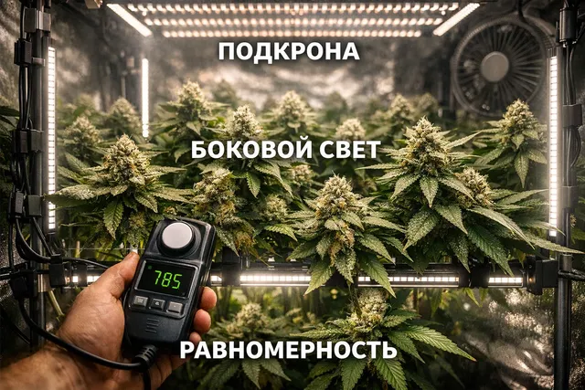 Подкроновая и боковая подсветка в гроуруме - световые планки вдоль кроны и плотные нижние шишки без перегрева