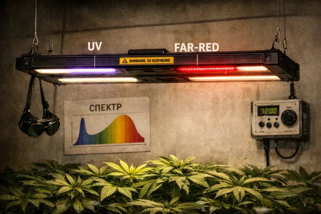 UV и far-red в гроуруме - LED светильник со спектральными акцентами и защитными очками рядом