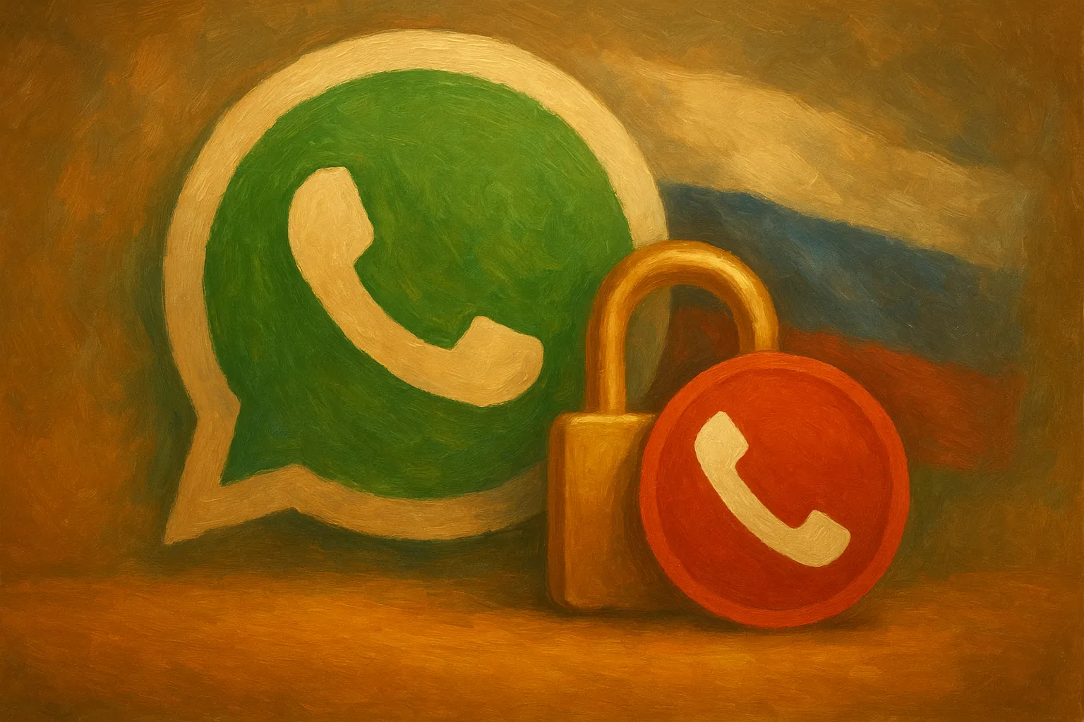 Логотип WhatsApp с символом шифрования и значком блокировки звонка на фоне российского флага